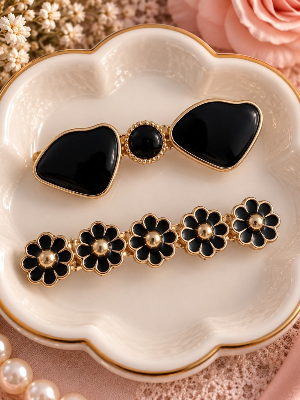 Elegant Black & Gold Floral Hair Clips Vintage Inspired- New